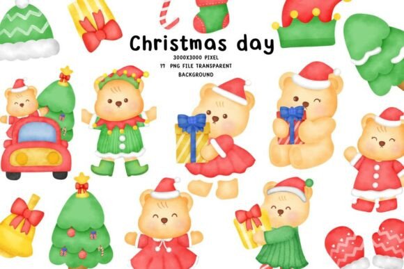 Cute Christmas Bear Clipart PNG Set