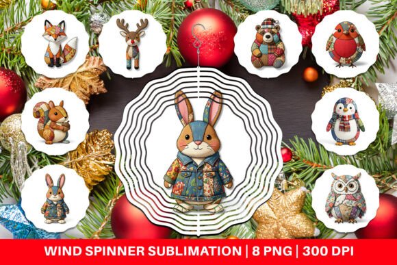 Patchwork Animal Christmas Wind Spinner Illustrations