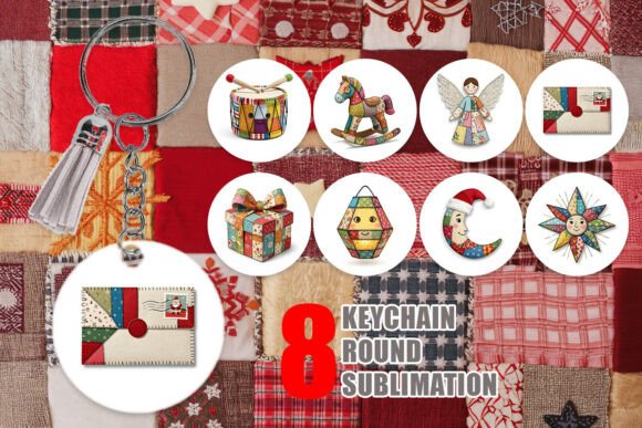 Patchwork Folk Art Christmas Keychain Illustrations